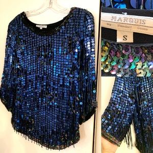 Women’s Royal Blue sequined beaded Blouse Top size Small Evening Cocktail Party